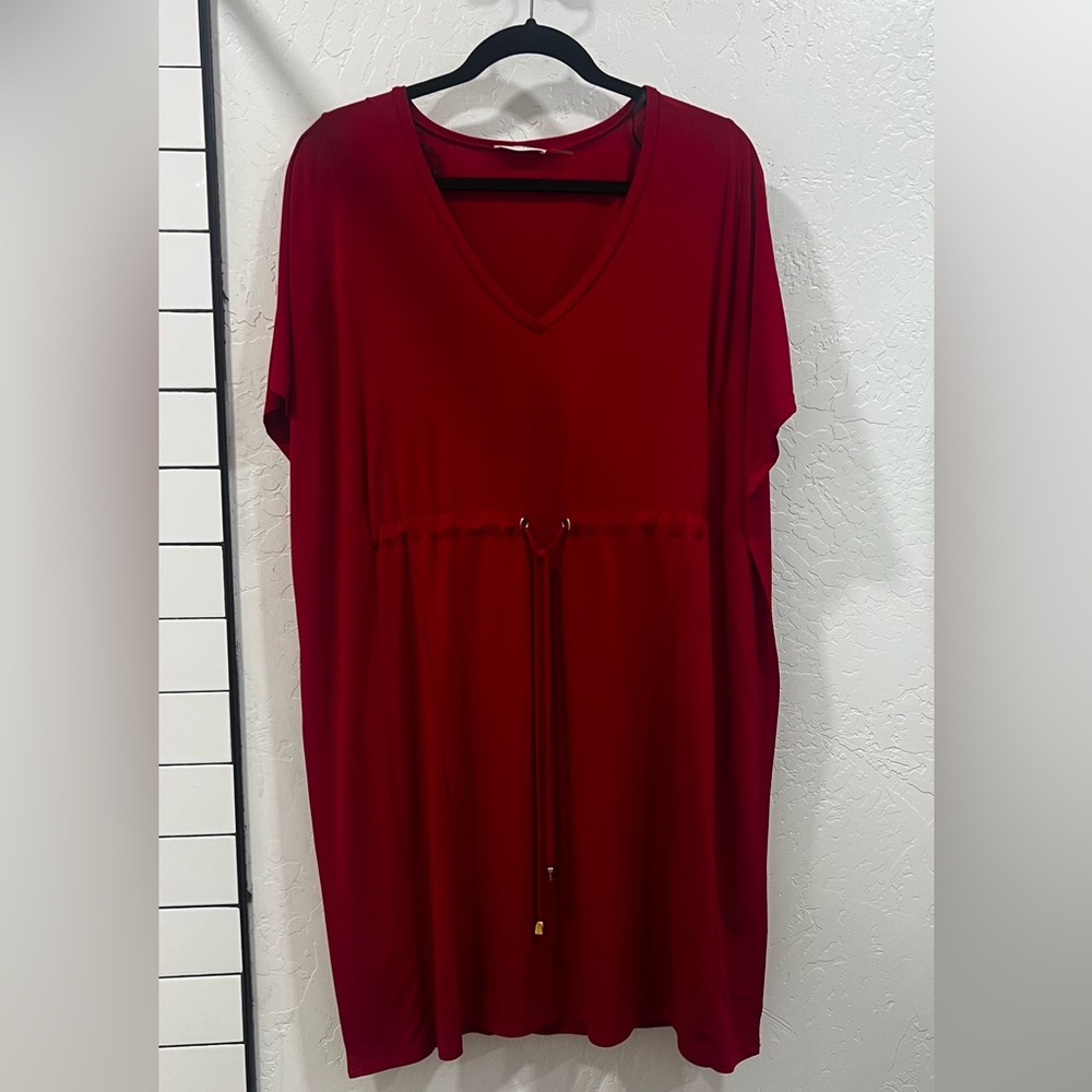 Calvin Klein Dress Red V-neck Batwing Drawstring Waist Size 2